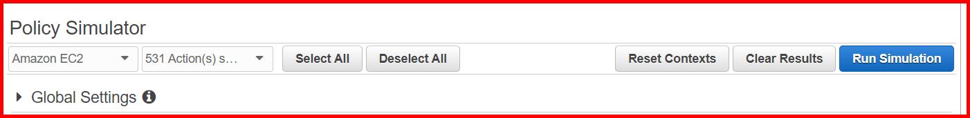 Picture showing the filter section of the AWS policy simulator